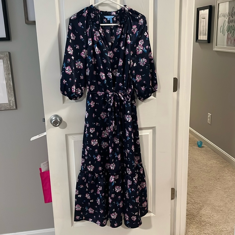 Women's Navy Floral Midi Dress with Tie Waist